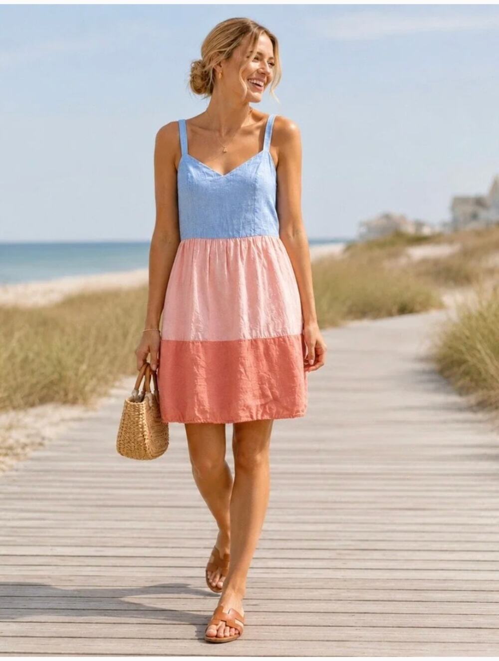 Cynthia Rowley 100% Linen Colorblock Mini Sundress Pastel Blue Pink Peach XS